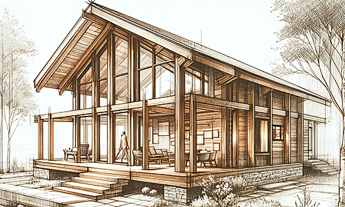 Schematische Darstellung einer Holzkontruktion am Dach